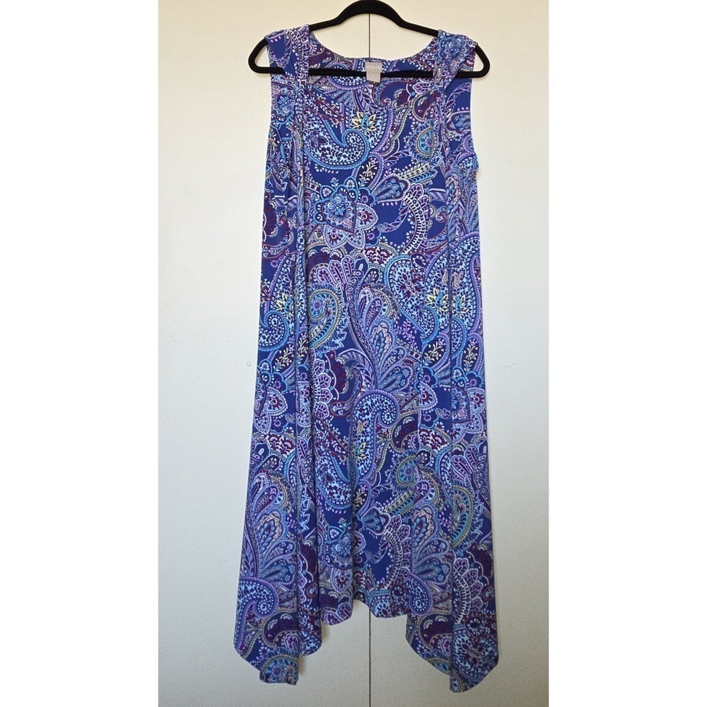 CHICOS Paisley Midi Dress Sz 3 Sleeveless Gathered Straps/ Hankerchief Hem ~EUC